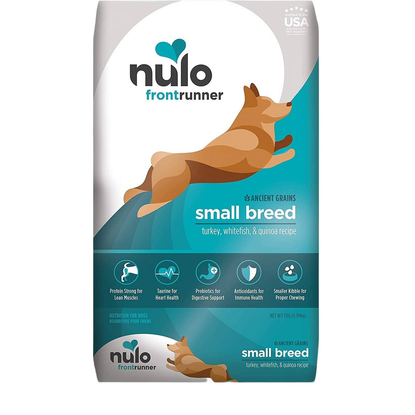 Bag of Nulo Frontrunner dry dog food for small breeds featuring turkey, whitefish, quinoa recipe in pet food collections