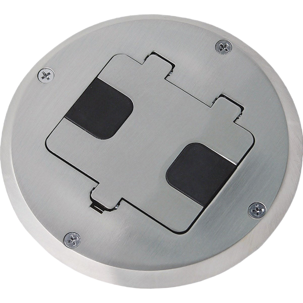 Round metallic floor box cover plate with hinged pop-up outlet lid for electrical boxes and home improvement projects