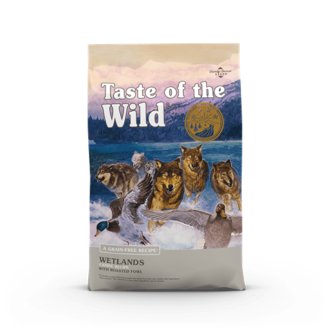 Bag of grain-free dog food featuring wolves and waterfowl illustration for adult pet nutrition and health