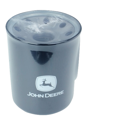 Black cylindrical hydraulic oil filter with John Deere logo for equipment maintenance and repair tasks