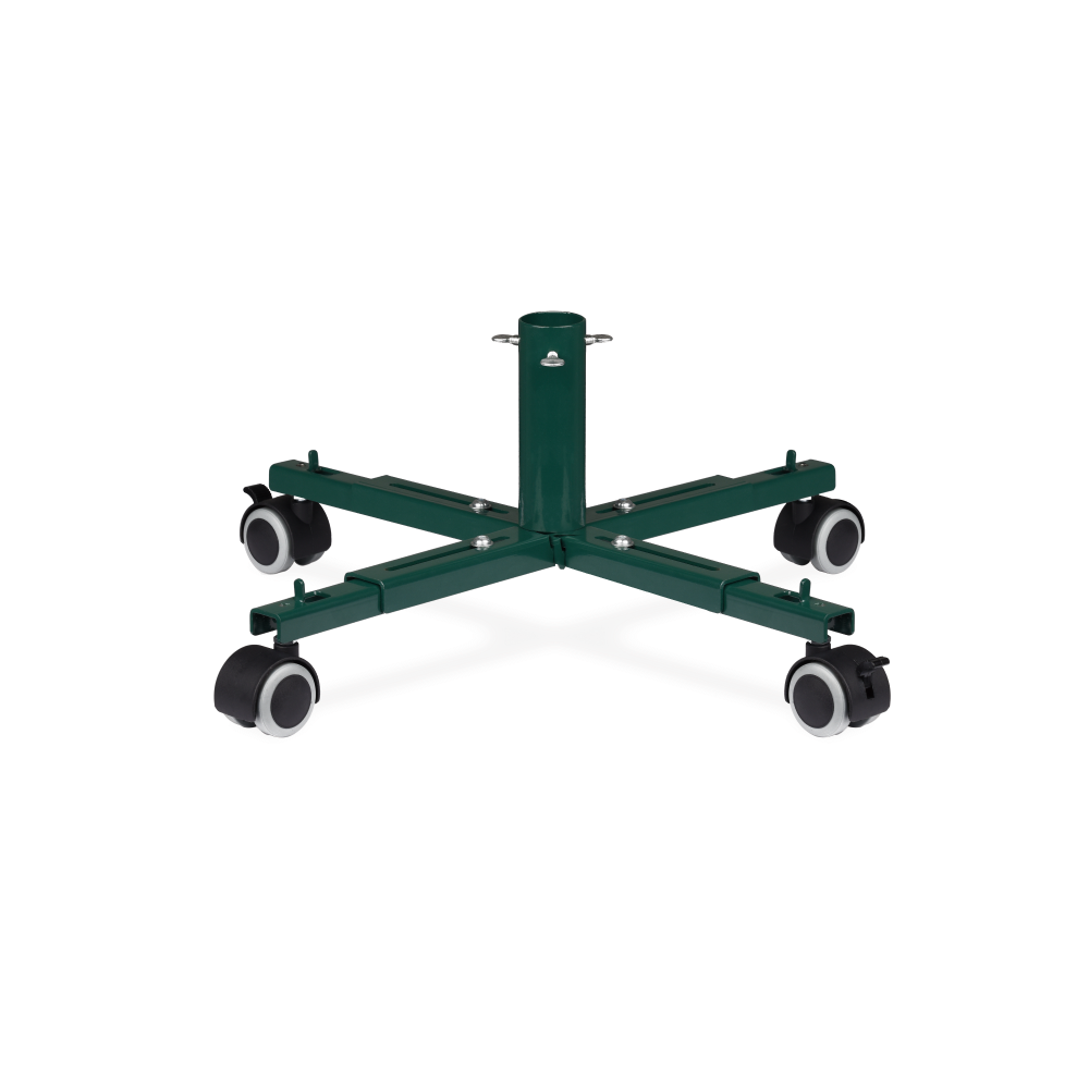 Green metal movable tree stand with four caster wheels for stable artificial Christmas tree support.