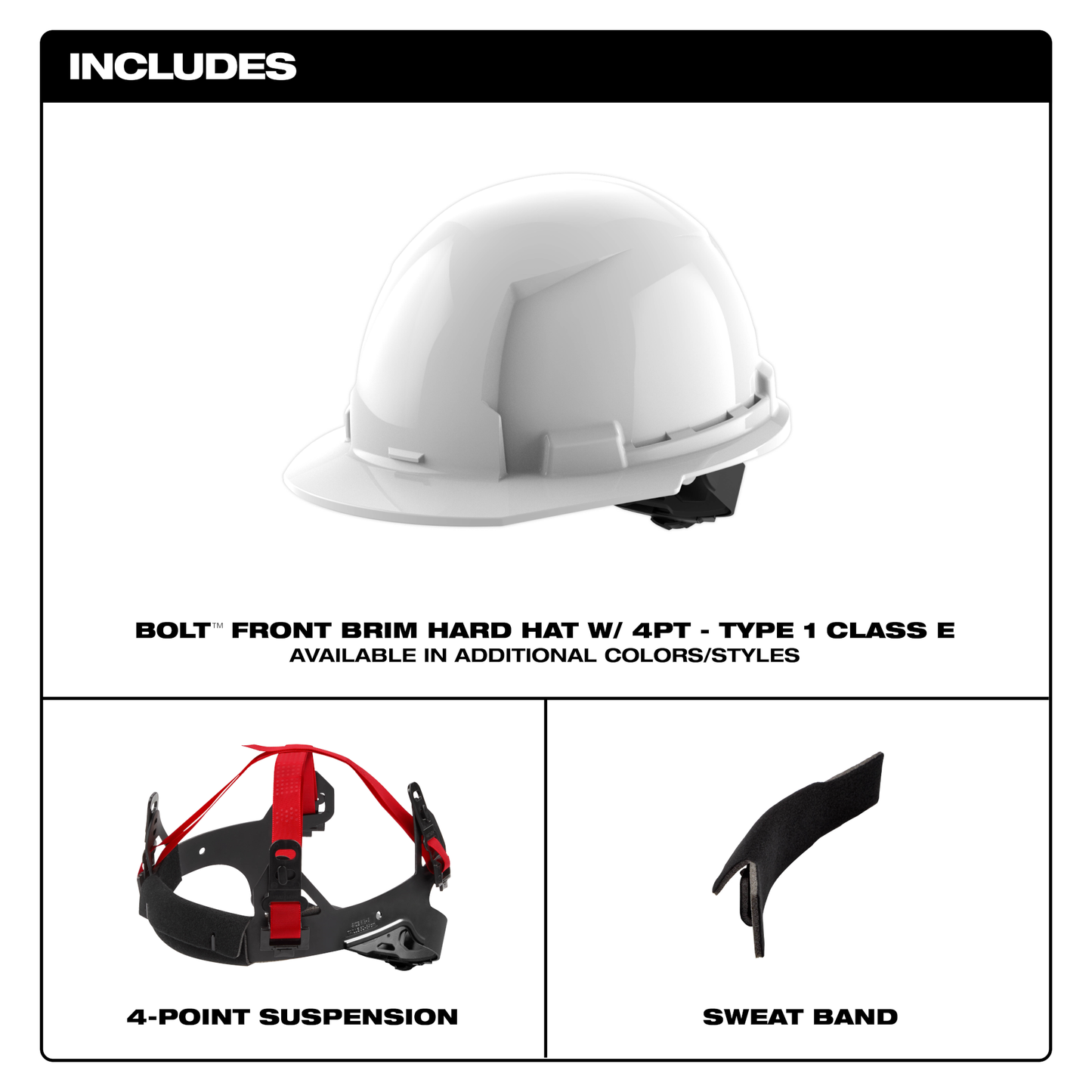 Milwaukee BOLT™ White Front Brim Hard Hat w/4pt Ratcheting Suspension (USA) - Type 1, Class E