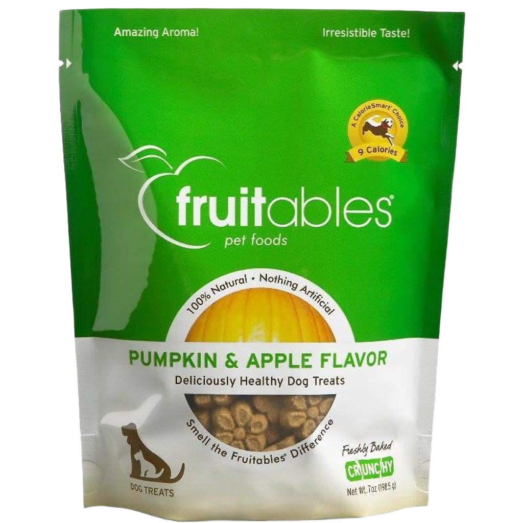 Green and white bag of crunchy pumpkin and apple flavored dog treats from Fruitables under $50 pet supplies collection
