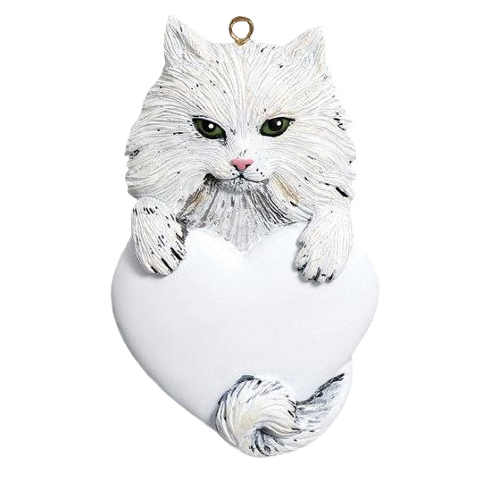 White Persian cat holding blank heart-shaped ornament for personalized Christmas Ornaments & Tree Decorations under $50 collection