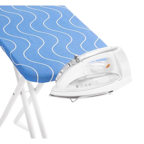 Blue wavy patterned ironing board with iron rest holding a white steam iron for laundry and household tasks
