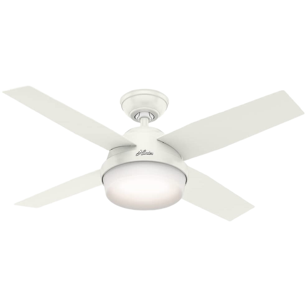 Fresh white ceiling fan with integrated LED light and four angled blades for modern indoor living spaces