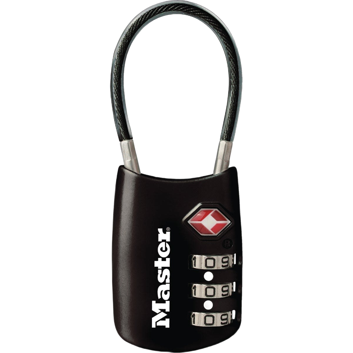 Black combination padlock with steel cable shackle and TSA logo for travel security in hardware and fasteners collection