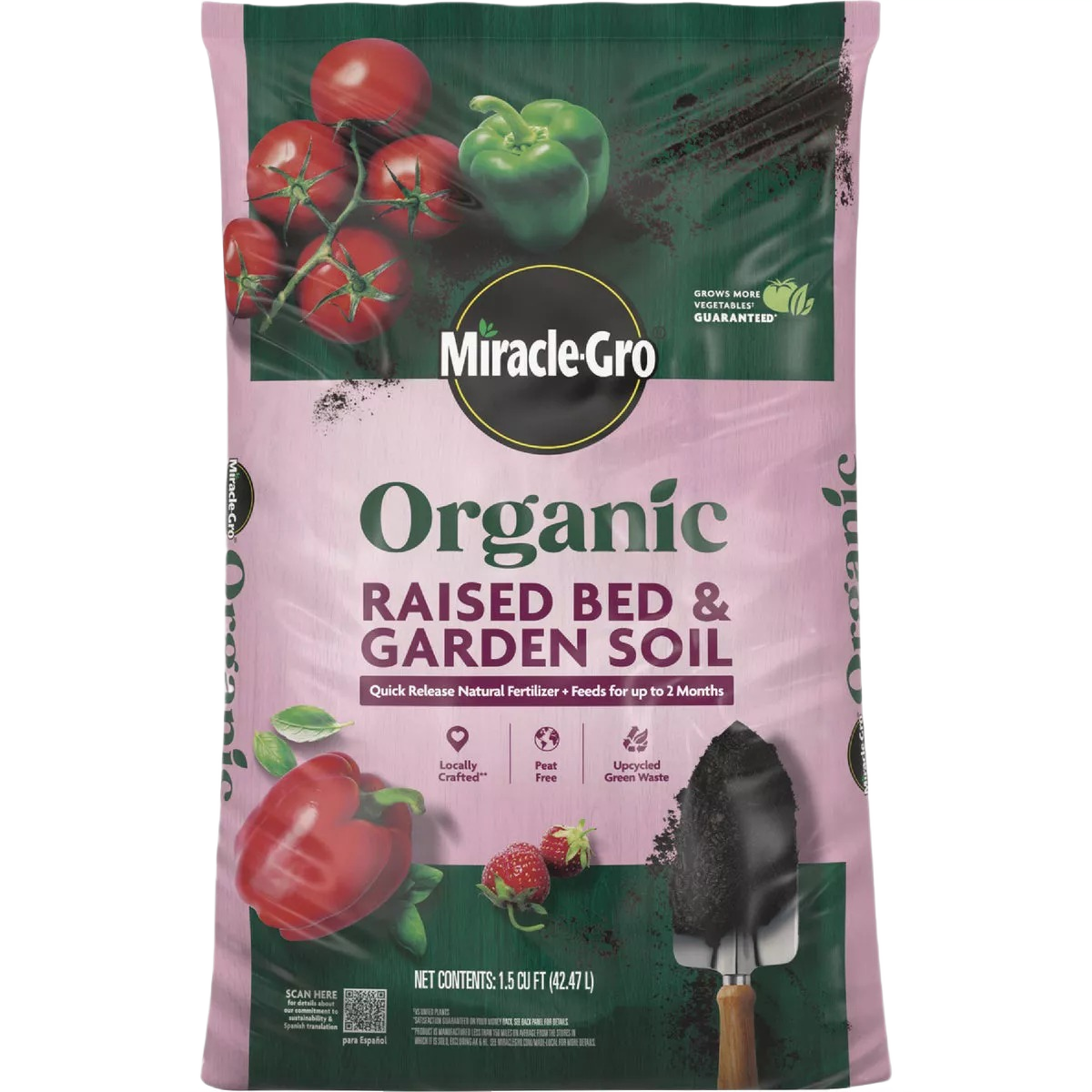 Bag of organic raised bed and garden soil with vegetable images, designed for home improvement gardening tasks