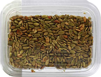 Clear plastic container of roasted and salted shelled pumpkin seeds for snacking in food and beverage collection under $25