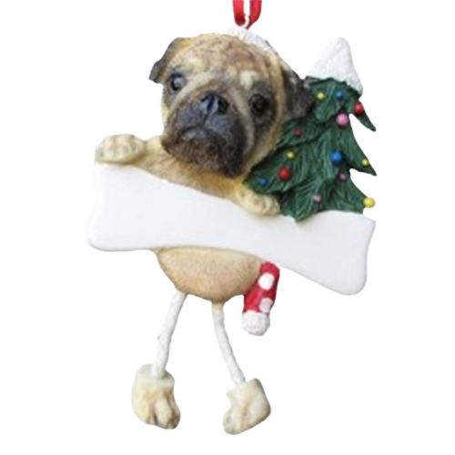 Pug dog ornament with dangling legs holding a white bone and decorated Christmas tree for holiday decor