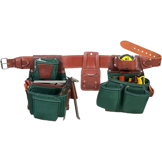 Leather tool belt with multiple green pouches and compartments filled with home improvement tools and tape measure