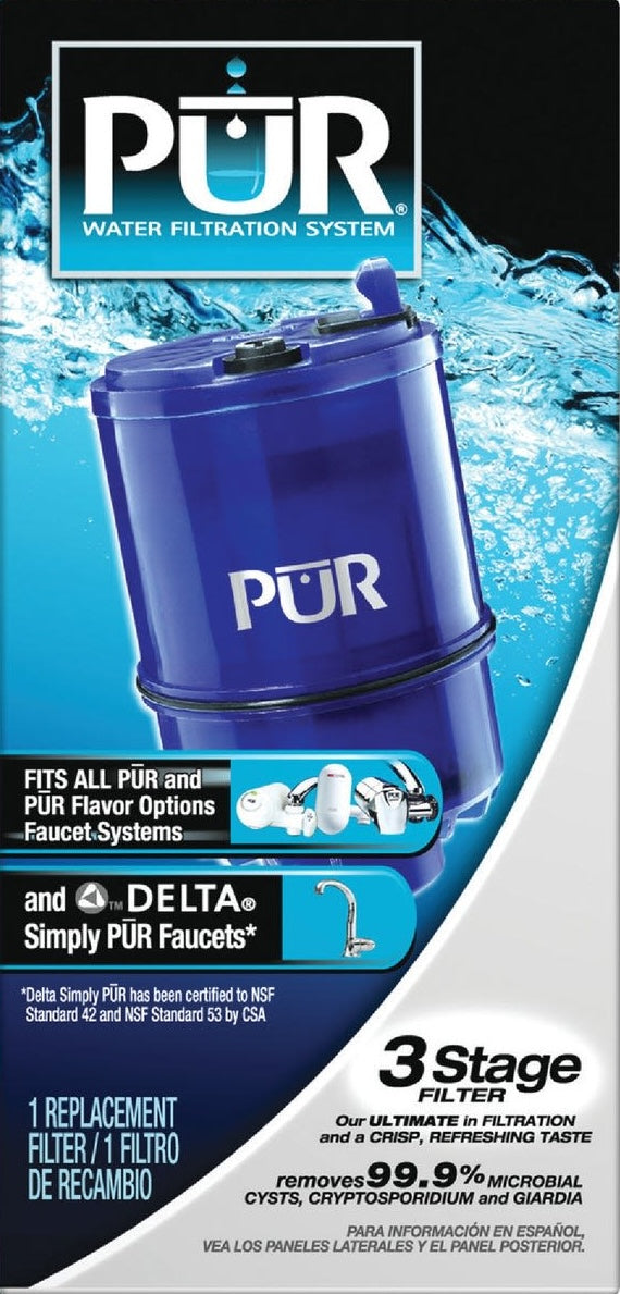 Blue PUR faucet mount water filter cartridge with water splash background for home improvement use