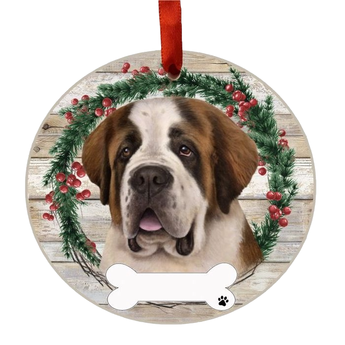 Round Christmas ornament with Saint Bernard dog face framed by green wreath and red berries on rustic wood background