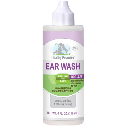 Plastic squeeze bottle of ear wash solution for dogs and cats, featuring healing and non-irritating formula