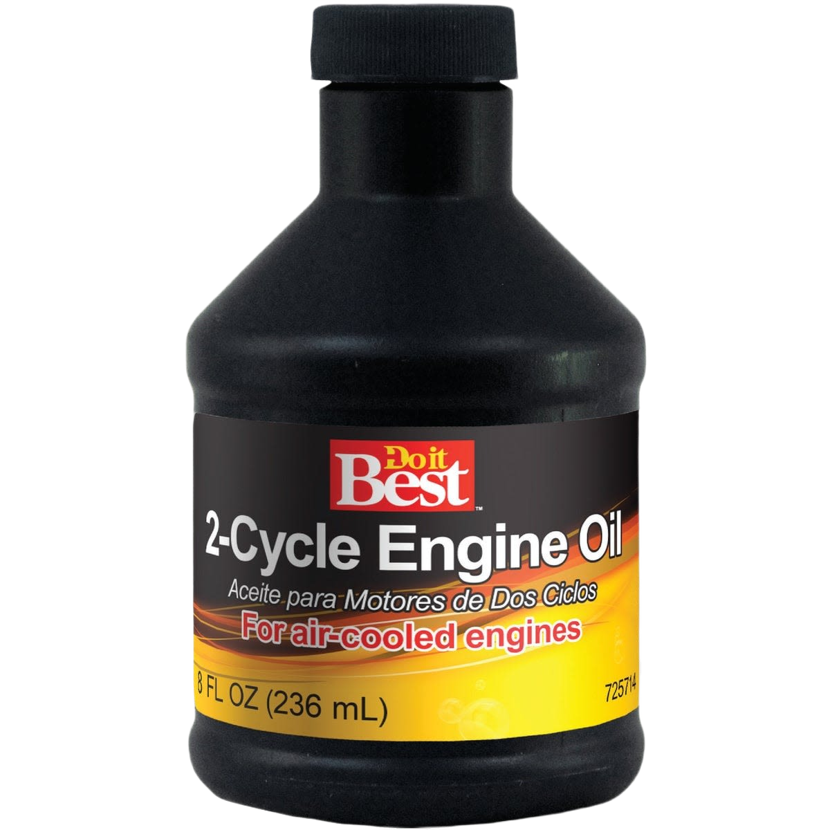 Black plastic bottle of 2-cycle engine oil for air-cooled engines with red and yellow product label for tools use