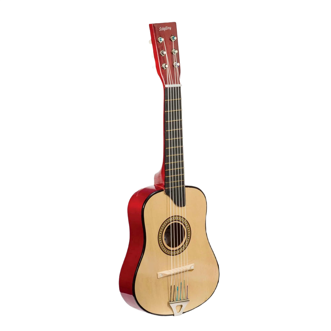 Small acoustic guitar with light wood top and red painted sides designed for beginners or children