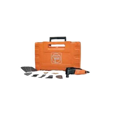 Orange compact oscillating multi-tool with various attachments and a hard carrying case, part of rental power and woodworking tools at Hartville Hardware.