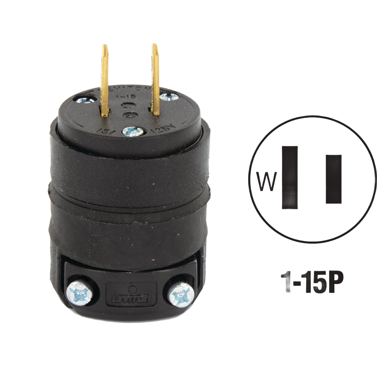 Black rubber 15 Amp rough use cord plug with two brass prongs for electrical wire and home improvement tools collections