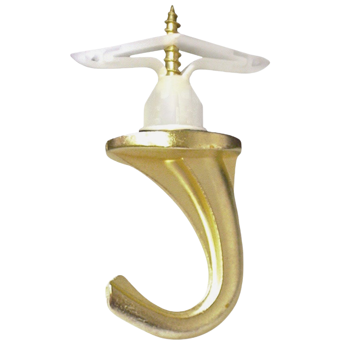 Brass ceiling hook with white nylon anchor, designed for secure hanging in home improvement hardware projects