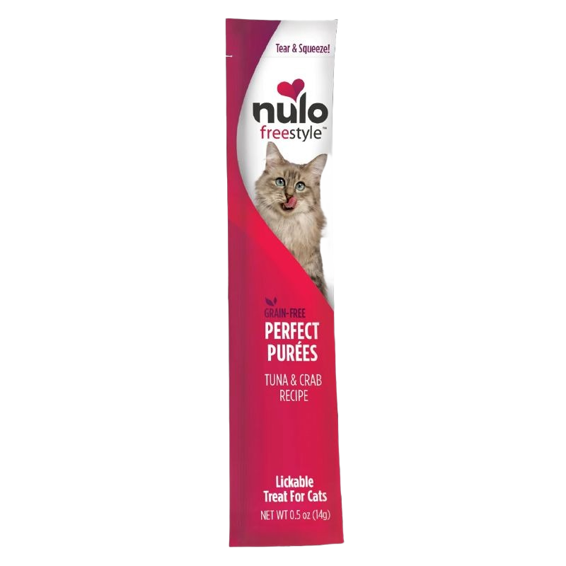 Tall red and white pouch of Nulo Freestyle grain-free tuna and crab puree for cats with a cat image on the packaging