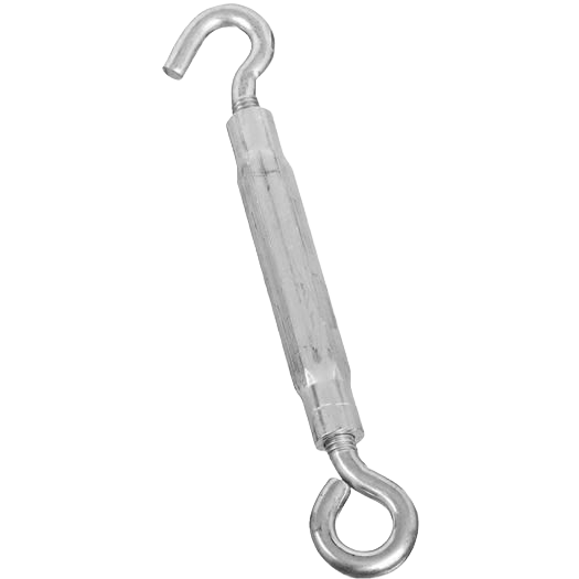 Zinc-finished turnbuckle with hook and eye ends for adjustable tension in hardware and fasteners collections