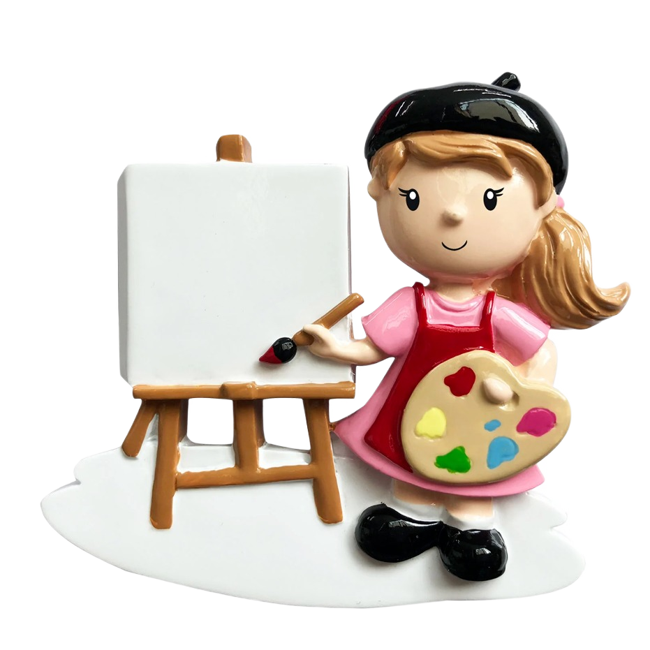 Girl artist figurine holding palette and brush beside blank canvas for Christmas Ornaments & Tree Decorations under $50 collection