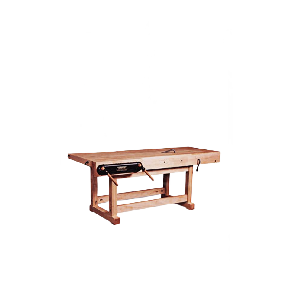Solid wood woodworking workbench with built-in vise designed for advanced woodworking and home improvement projects