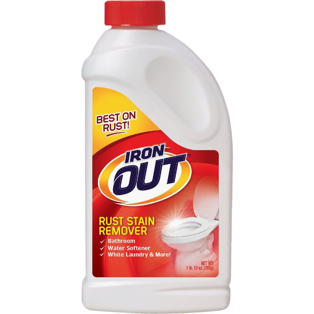 Plastic bottle of rust stain remover with red cap and label showing toilet bowl image for plumbing use