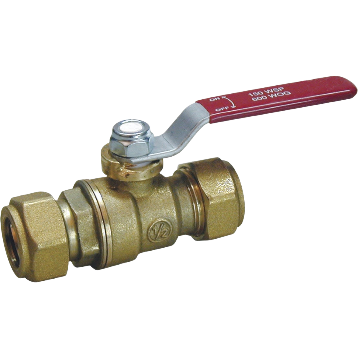 Brass compression end ball valve with red lever handle designed for home improvement plumbing applications