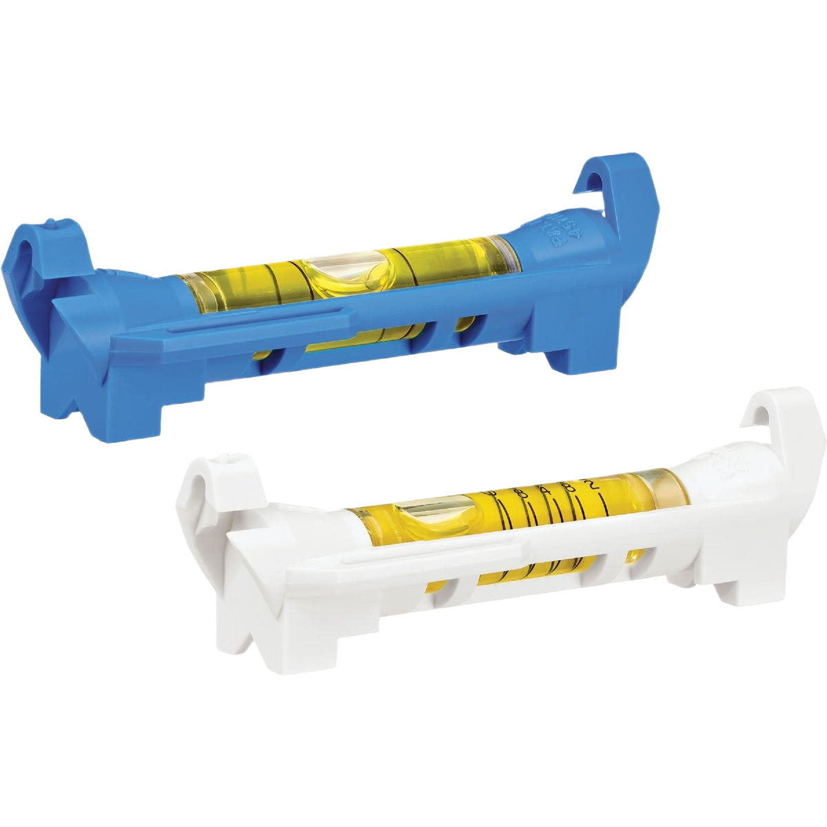 Two compact line levels with vari-pitch vials in blue and white for precise woodworking and measuring tasks under $50 collection