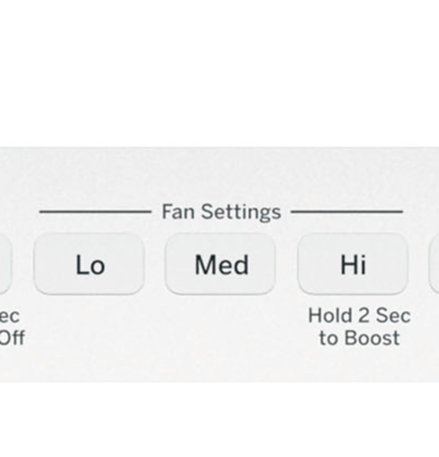 Close-up of white control panel showing fan settings buttons labeled Lo, Med, and Hi with boost function instructions.