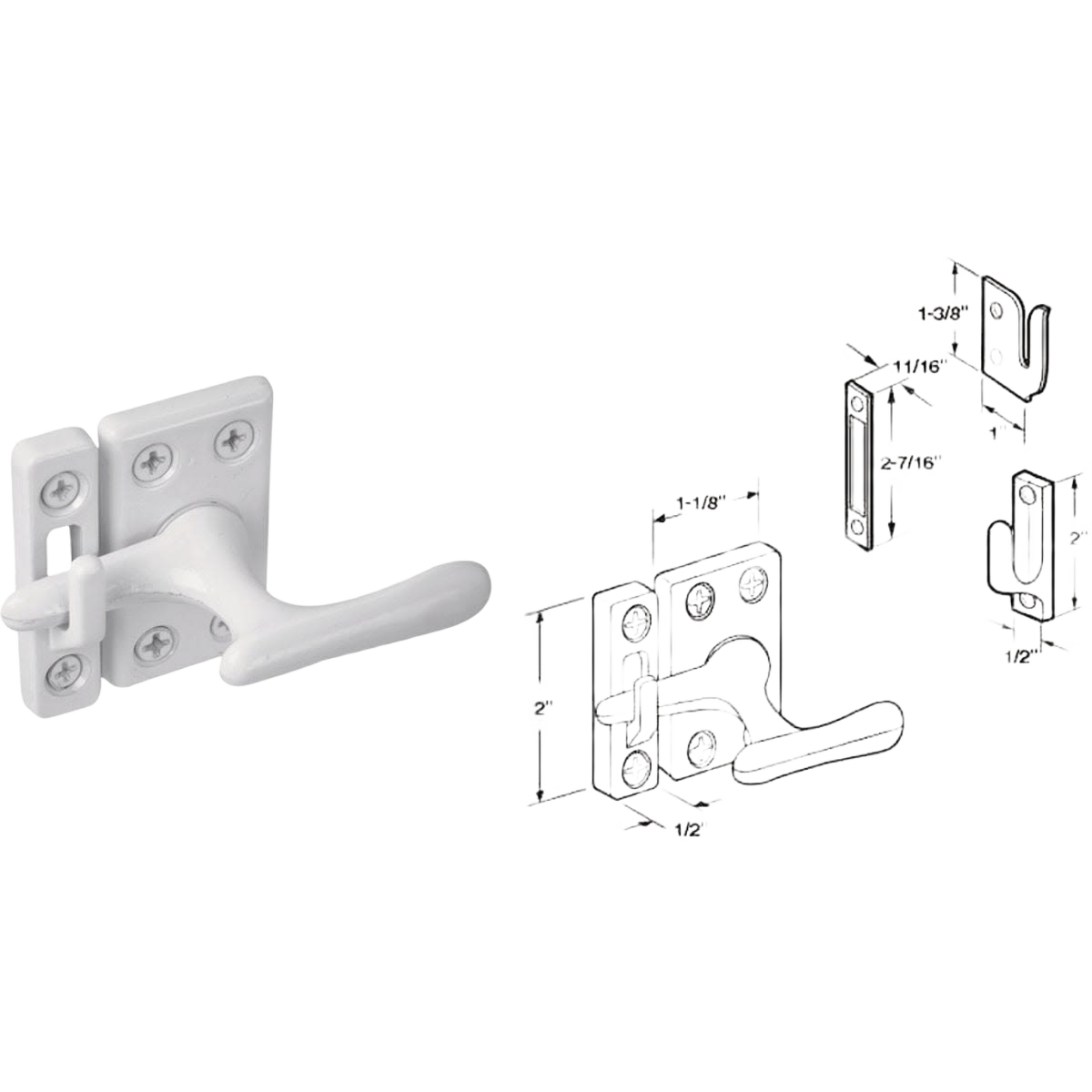 White universal casement latch fastener with three strikes, die cast zinc, for hardware and home improvement tools collections