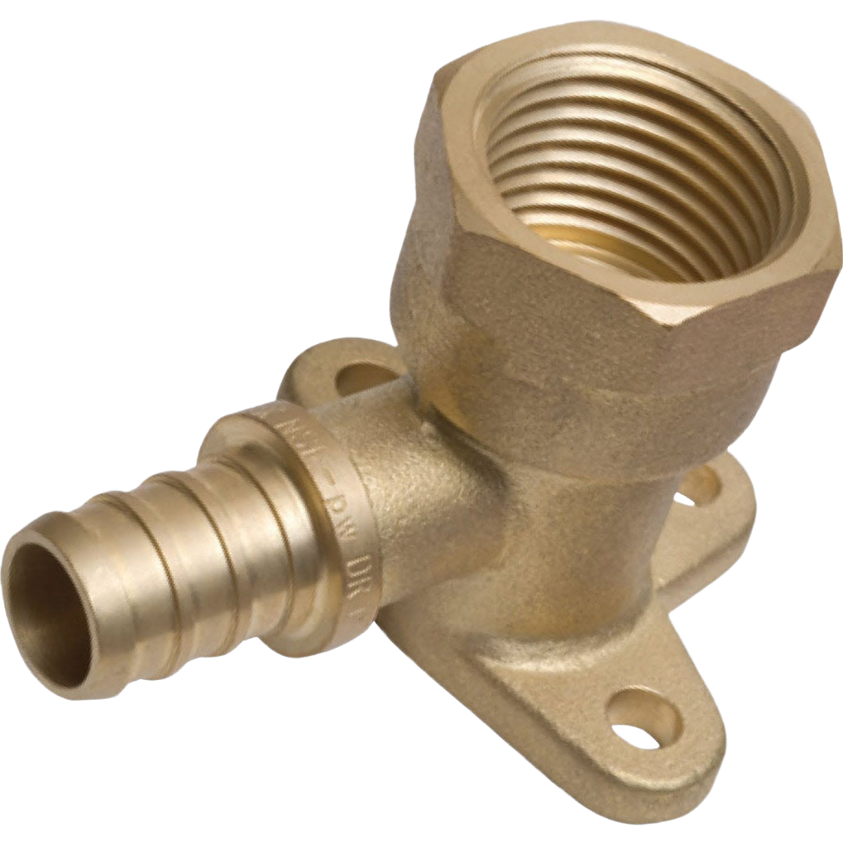 Brass 90-degree elbow pipe fitting with barbed end and mounting flange in Pipes & Fittings and Plumbing collections