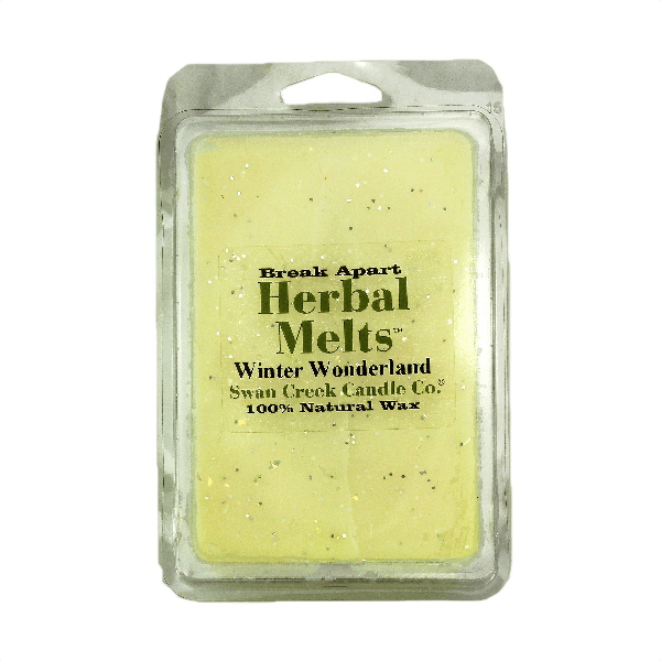 Yellow wax melts in clear clamshell packaging with Winter Wonderland herbal scent label for home fragrance.