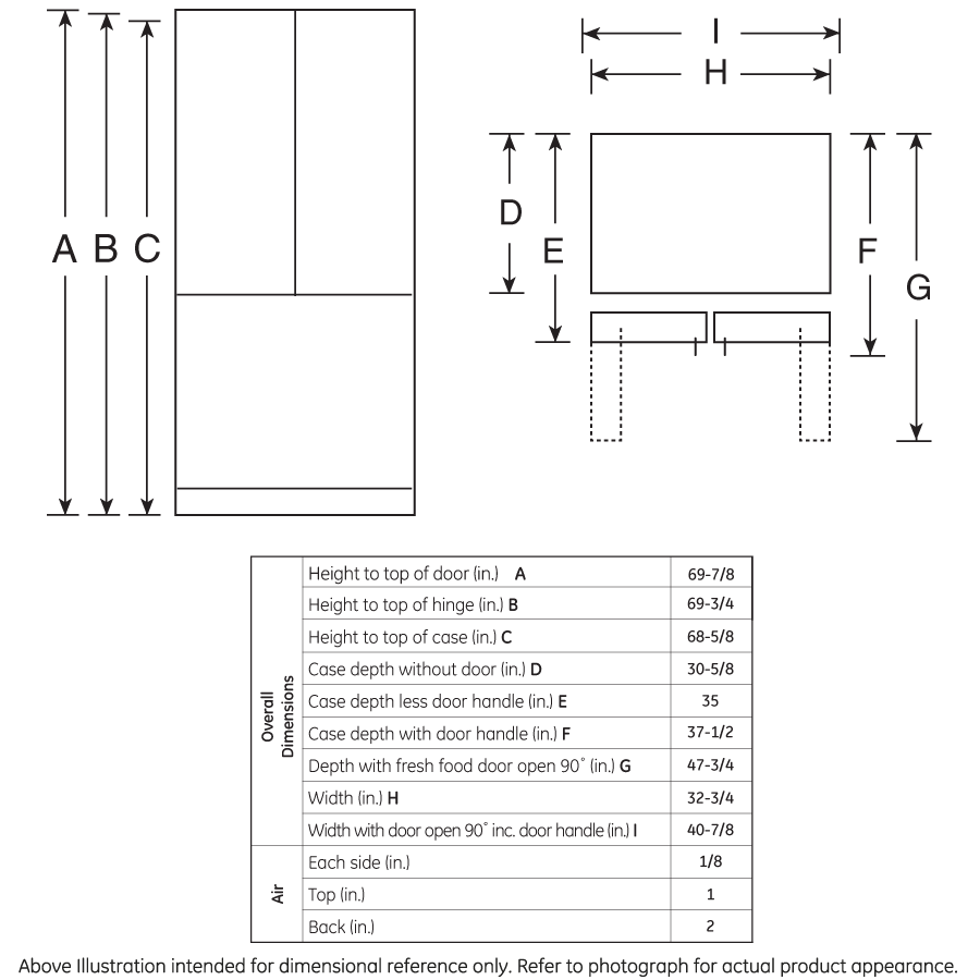 Dimensional diagram of a French-door refrigerator showing height, depth, and width measurements with labeled parts for installation reference in Appliances collection