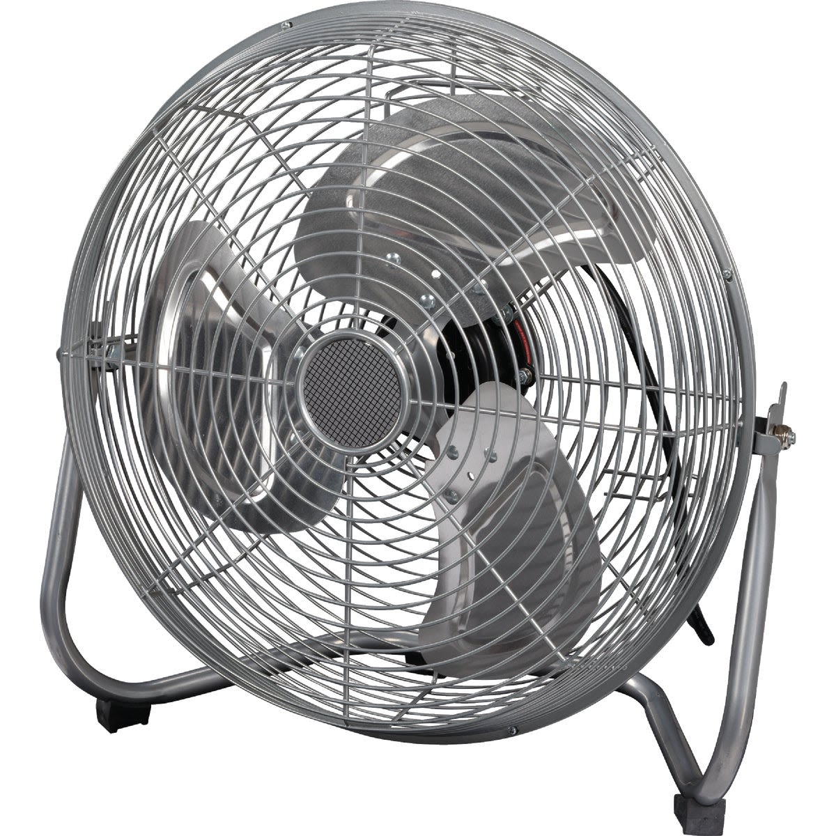 Metal high velocity fan with three blades and protective grill, designed for indoor home improvement and tools use