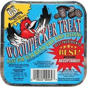 Rectangle container of bird suet treat featuring colorful woodpecker illustration and text highlighting wild bird feeding benefits