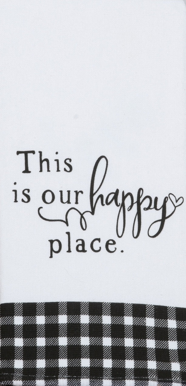Cotton kitchen towel with black and white plaid trim and scripted phrase for farmhouse style home décor under $50