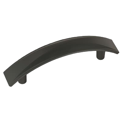 Matte black curved cabinet pull with geometric design, part of Amerock hardware for home improvement projects.