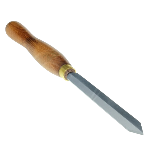Wood-handled diamond parting tool with sharp, angled steel blade for precise woodworking and home improvement tasks