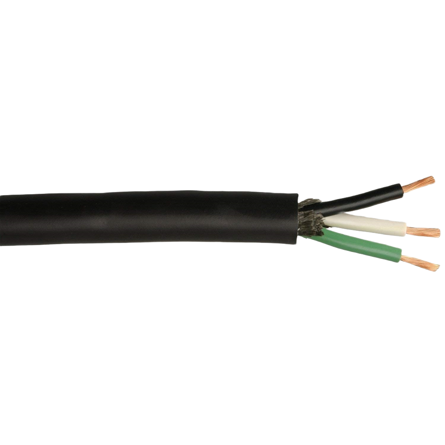Black industrial-grade electrical cable with four exposed copper wires and durable rubber insulation for home improvement projects