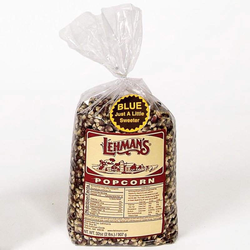 Clear bag of Amish Country blue popcorn kernels with label and nutrition facts in food and beverage snacks under $50 collection