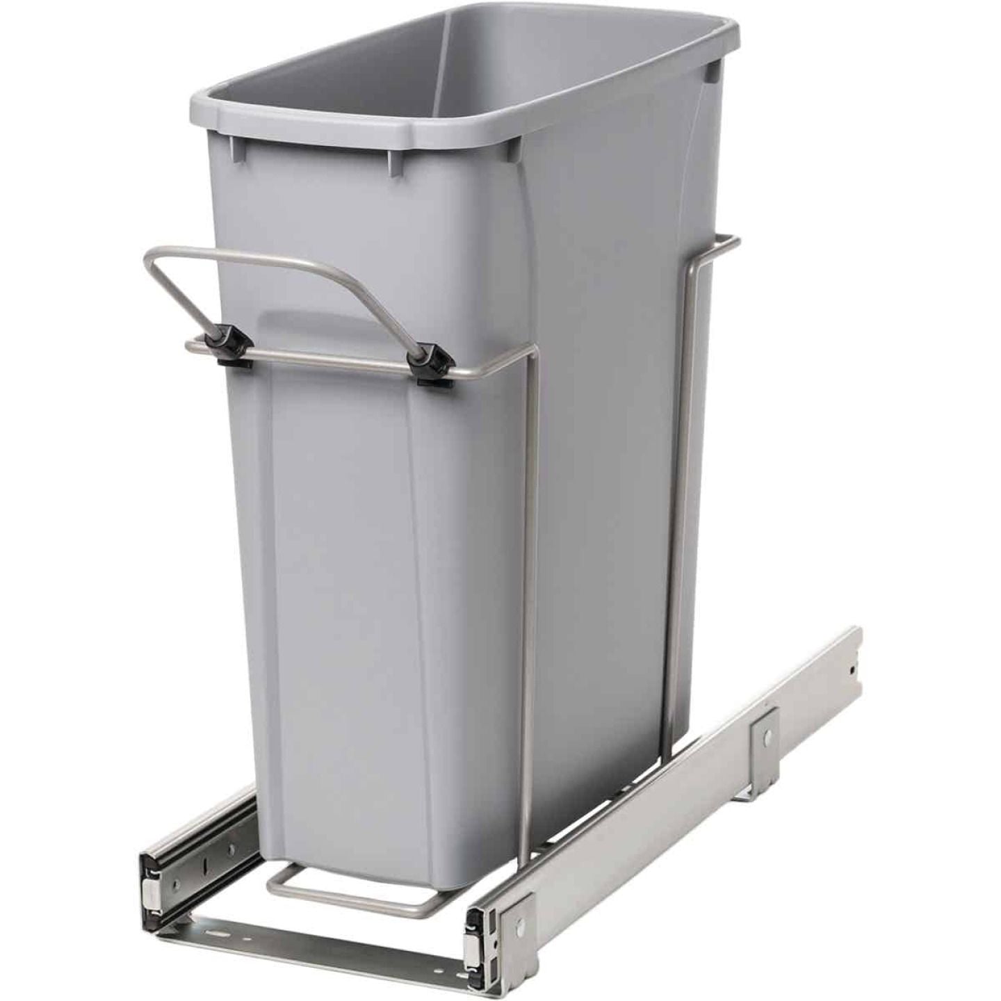 Gray plastic trash bin with steel pull-out frame designed for cabinet organization and waste management.