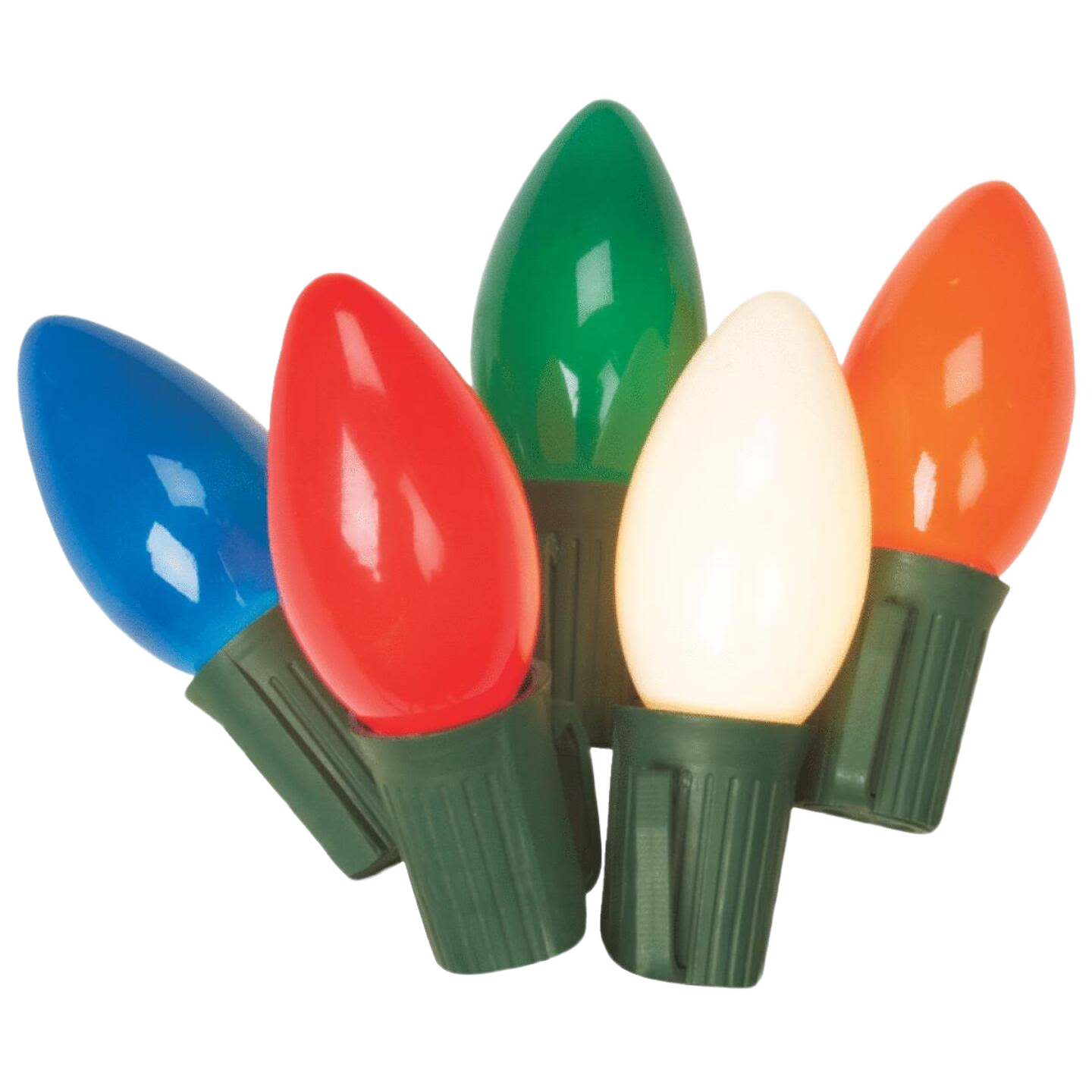 Set of traditional colored C9 light bulbs with green bases for holiday and home improvement decoration