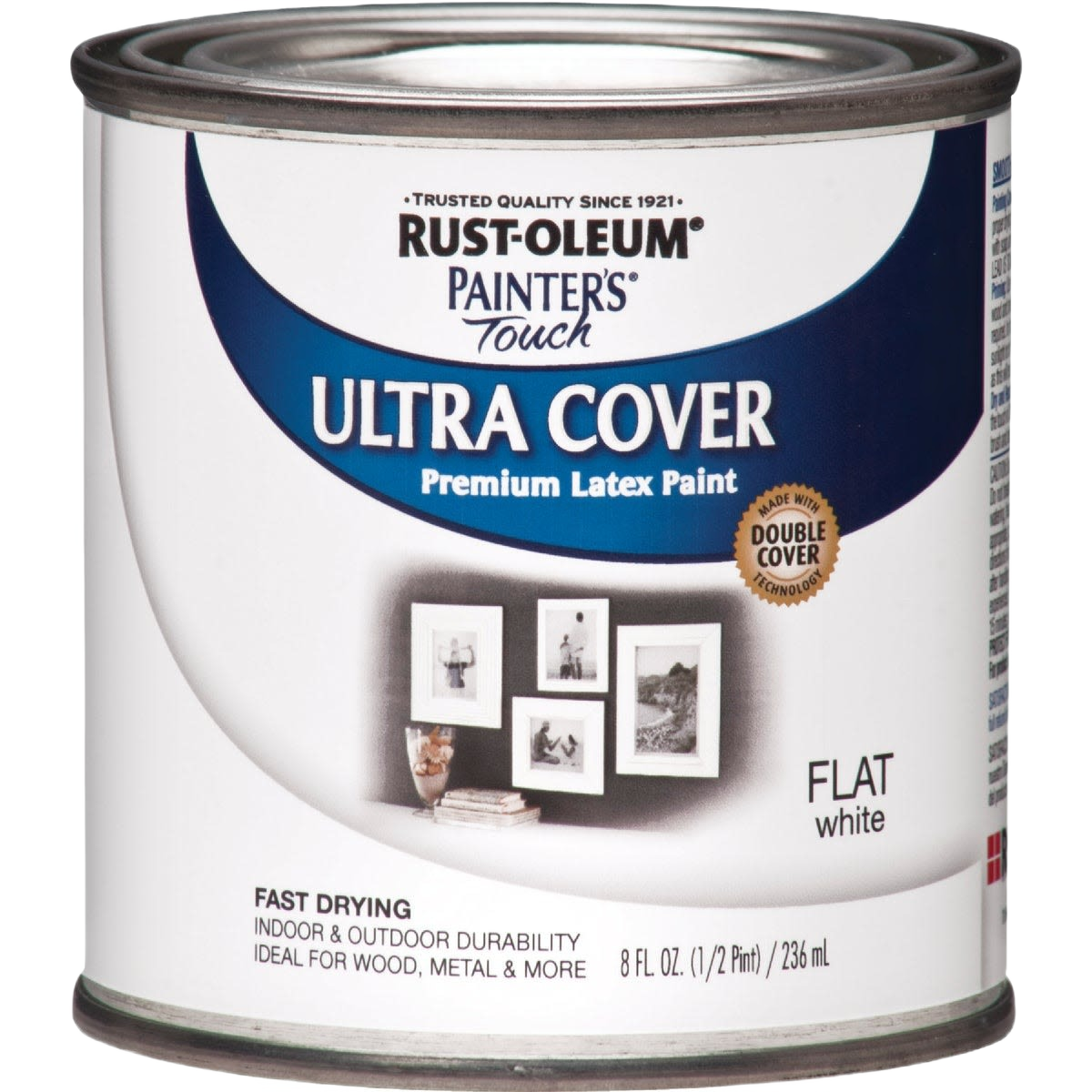 Premium latex flat white paint can for indoor and outdoor use in specialty paint and home improvement collections