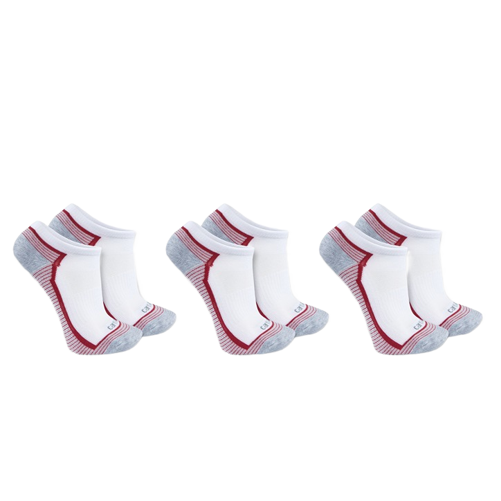Three pairs of white low cut socks with gray toes and red accents, designed for women’s active wear under $50 collections