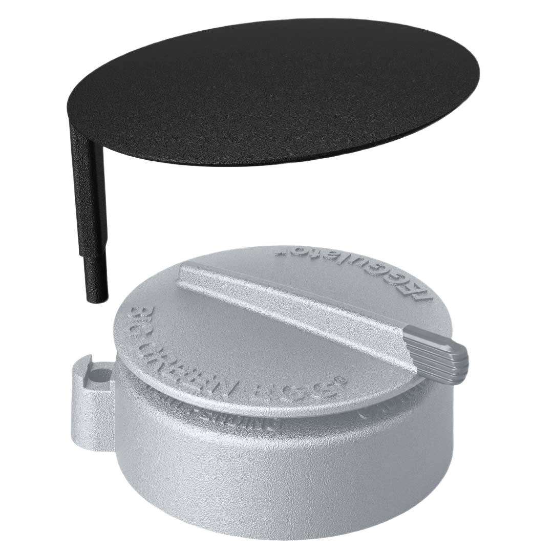 Gray metal rain cap with adjustable lever and black protective shield for outdoor grill ventilation control
