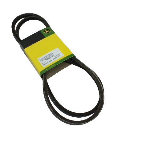 Black traction drive V-belt with branded yellow and green label, suitable for tools and home improvement maintenance tasks