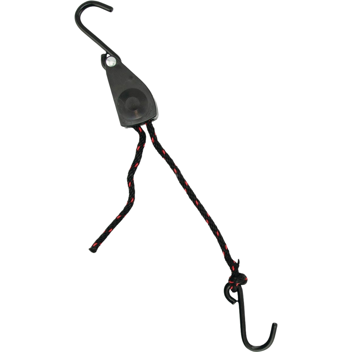 Black and red braided ratchet strap with metal hooks for securing loads in tools and home improvement tasks