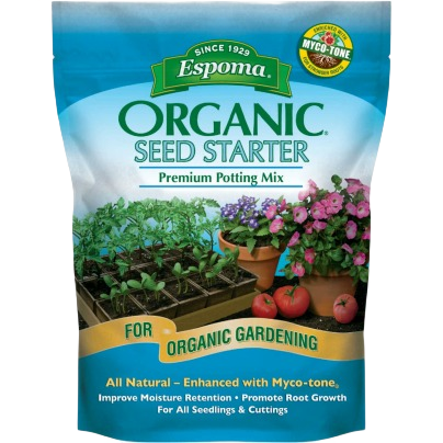 Blue bag of Espoma organic seed starter mix for container gardening with enhanced moisture retention and root growth benefits